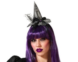 Diadema Bruja Halloween Plateado Mujer Adulto con Sombrero, Tul y Lazo Negro para Disfraz Glamuroso