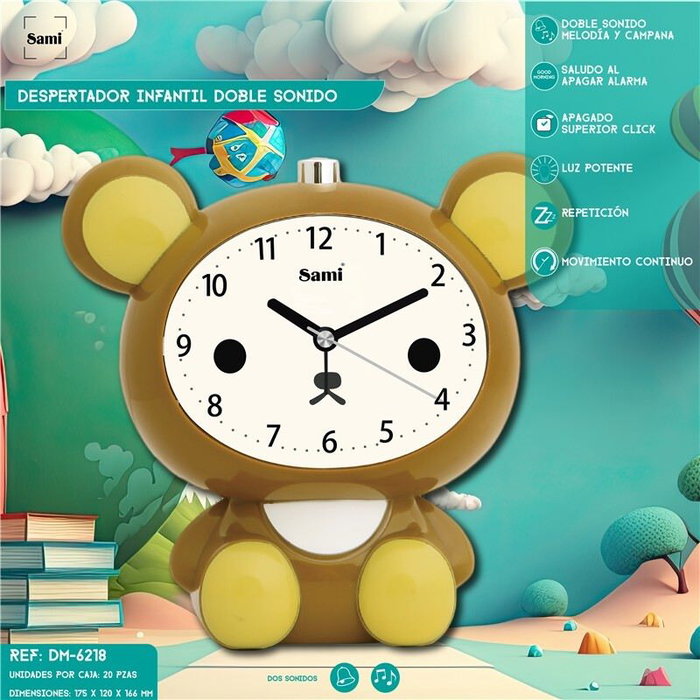 SAMI Despertador Infantil con Melodías - Muñeco Oso para Niños - Despertador con Campana, Diseño Divertido para Dormitorio Infantil
