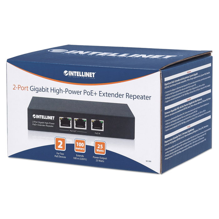 Intellinet 543471 Répéteur Prolongateur PoE+ 2 Ports Gigabit Haute Puissance, Compatible IEEE 802.3at/af, Portée 100m, Boîtier Métal