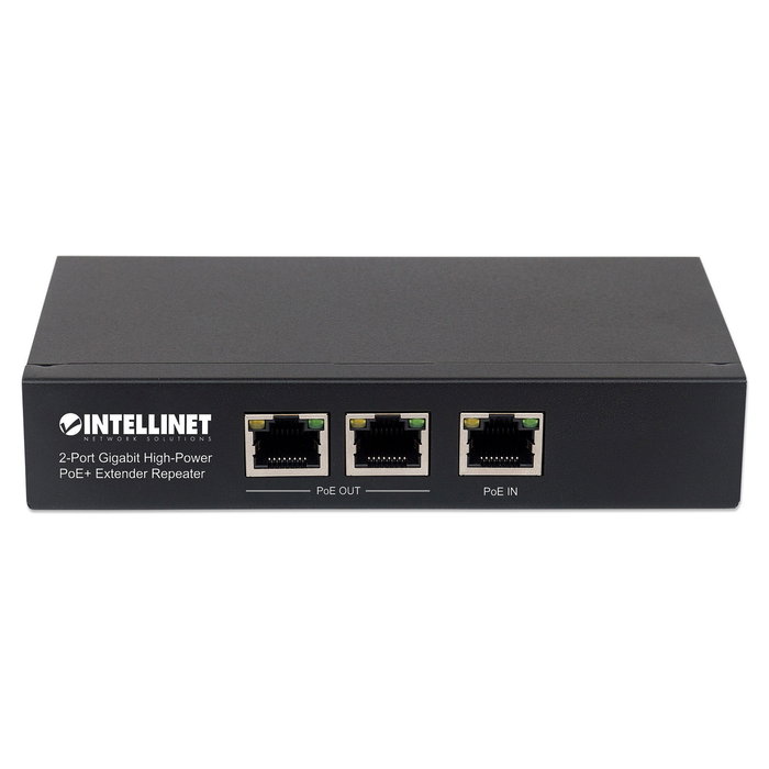 Intellinet 543471 Répéteur Prolongateur PoE+ 2 Ports Gigabit Haute Puissance, Compatible IEEE 802.3at/af, Portée 100m, Boîtier Métal