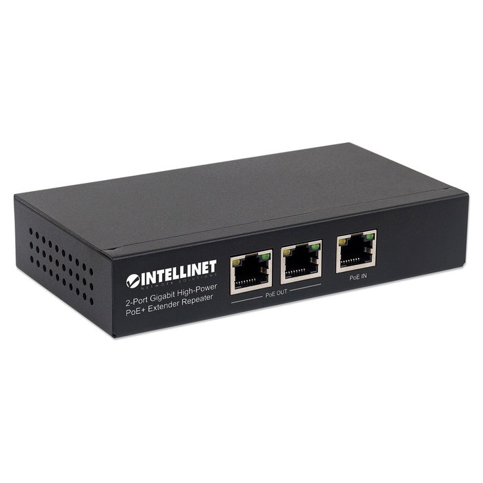 Intellinet 543471 Répéteur Prolongateur PoE+ 2 Ports Gigabit Haute Puissance, Compatible IEEE 802.3at/af, Portée 100m, Boîtier Métal