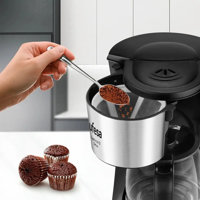 Ufesa CG7125 Capriccio 12 Delux Cafetera de goteo manual para 12 tazas (1.2L), 680W, filtro permanente, acero inoxidable/negro, referencia 71605329