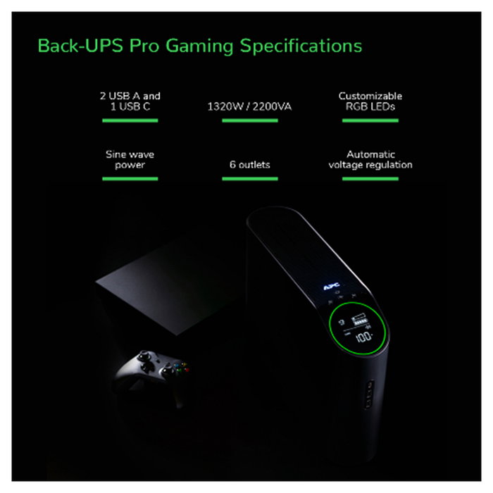 APC UPS Back-UPS Pro BGM2200B-GR 2200VA 1320W 4xSchuko 2xIEC C13 Torre con RGB Beleuchtung