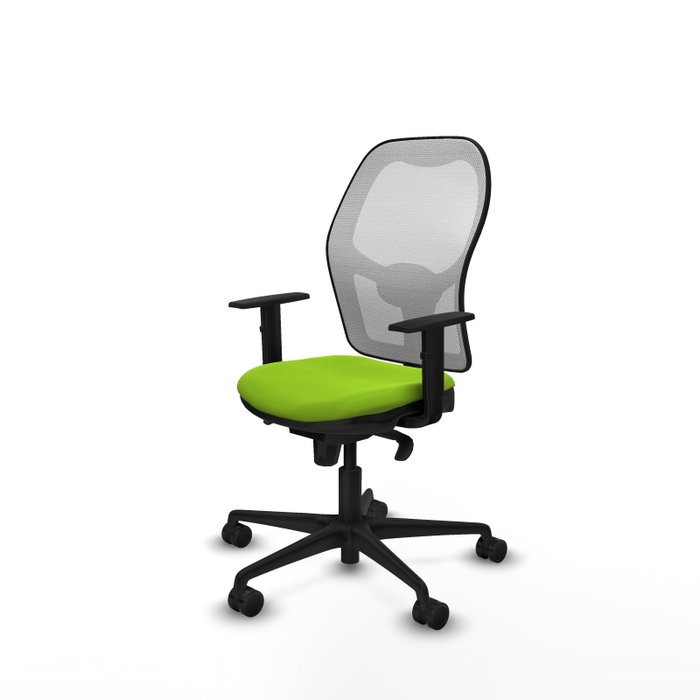 Silla de oficina Jorquera con mecanismo Sincro tapizada con Similpiel color Pistacho y malla color Blanco. Equipada con lumbar 1D, Brazos 1D y Ruedas 65mm nailon