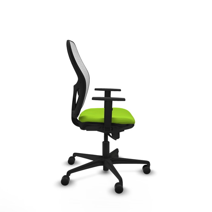 Silla de oficina Jorquera con mecanismo Sincro tapizada con Similpiel color Pistacho y malla color Blanco. Equipada con lumbar 1D, Brazos 1D y Ruedas 65mm nailon