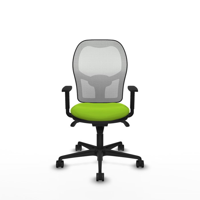 Silla de oficina Jorquera con mecanismo Sincro tapizada con Similpiel color Pistacho y malla color Blanco. Equipada con lumbar 1D, Brazos 1D y Ruedas 65mm nailon