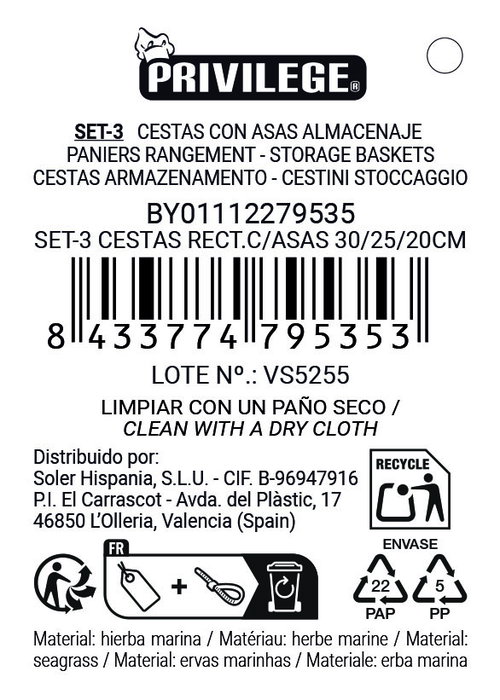 Inde Set de 3 Cestas Rectangulares con Asas 30 cm, 25 cm, 20 cm (8 Unidades)