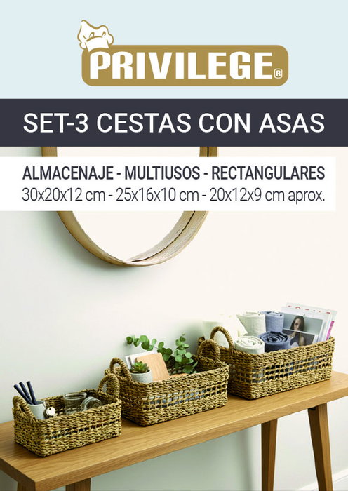 Inde Set de 3 Cestas Rectangulares con Asas 30 cm, 25 cm, 20 cm (8 Unidades)