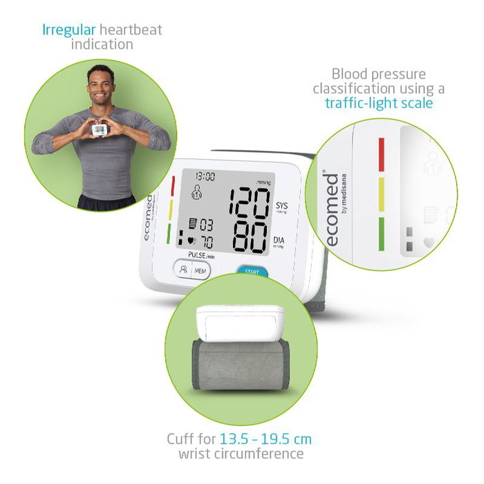 Medisana Tensiometro de muñeca ecomed - Monitor de presión arterial con pantalla LCD