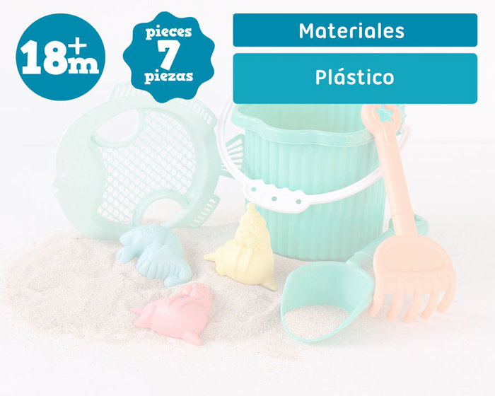 KioKids Set de Cubo de Playa Verde para Bebés con 7 Piezas, Incluye Cubo, Pala, Rastrillo, Tamiz y Moldes de Arena, A Partir de 18 Meses, Material Polipropileno y Trigo