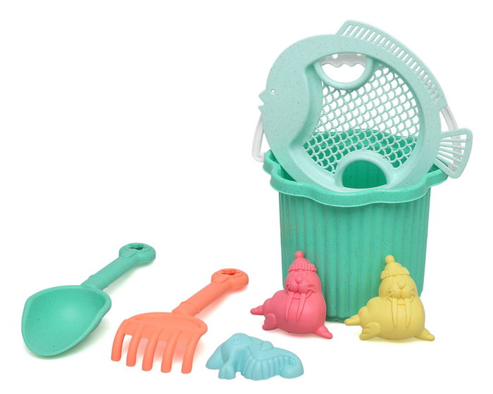 KioKids Set de Cubo de Playa Verde para Bebés con 7 Piezas, Incluye Cubo, Pala, Rastrillo, Tamiz y Moldes de Arena, A Partir de 18 Meses, Material Polipropileno y Trigo