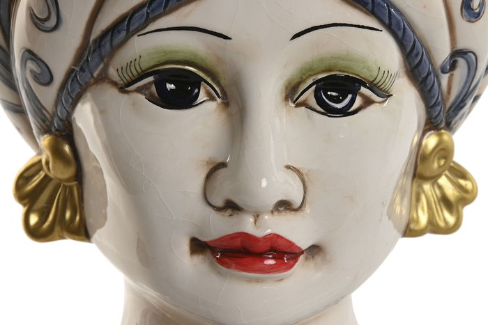 DKD Home Decor Sicilia 2024 Macetero Mediterráneo Blanco Dorado Azul Porcelana Cabeza Siciliana 15 x 26 x 15 cm (2 Unidades)