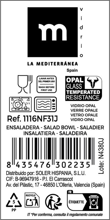 La Mediterranea Ensaladera Opal Palaos 19 cm (Pack de 48 Unidades) La Mediterranea Ensaladera Opal Palaos 19 cm (Pack de 48 Unidades)
