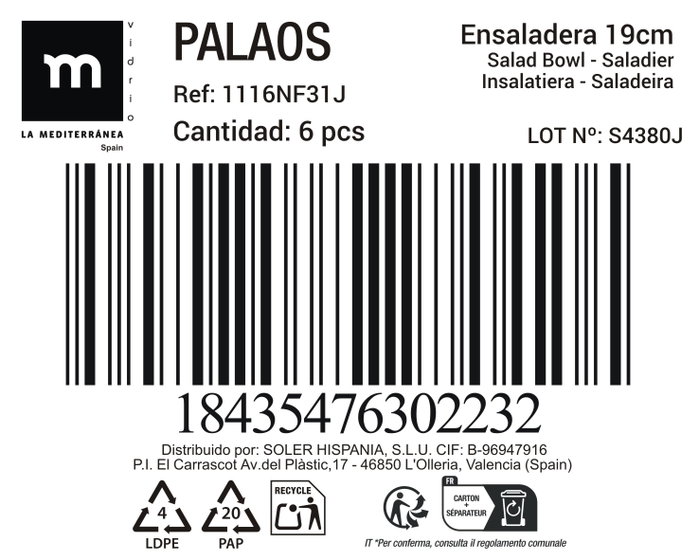 La Mediterranea Ensaladera Opal Palaos 19 cm (Pack de 48 Unidades)​