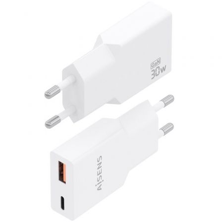 Aisens Cargador GaN 30W Ultra Delgado A110-1002 - 1 Puerto USB-C PD3.0/QC4.0 + 1 Puerto USB-A QC3.0 para Portátil, Móvil, Tablet - Blanco