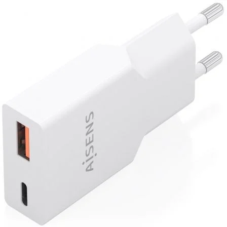 Aisens Cargador GaN 30W Ultra Delgado A110-1002 - 1 Puerto USB-C PD3.0/QC4.0 + 1 Puerto USB-A QC3.0 para Portátil, Móvil, Tablet - Blanco