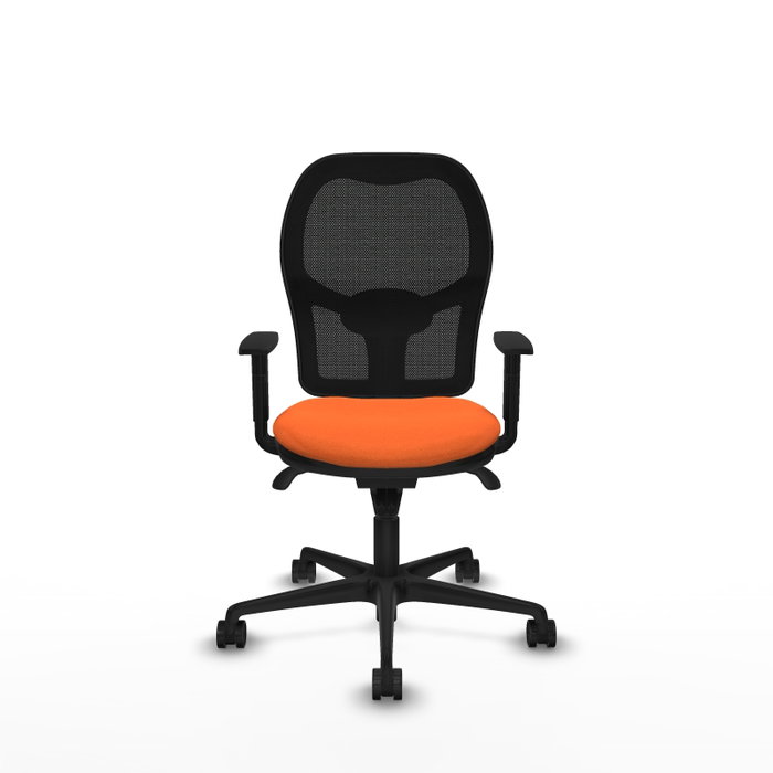 Silla de oficina Jorquera con mecanismo Sincro tapizada con Tela color Naranja y malla color Negro. Equipada con lumbar 1D, Brazos 1D y Ruedas 65mm nailon