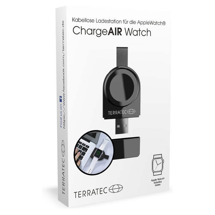 Terratec ChargeAIR Watch - Almohadilla de Carga Inductiva para Apple Watch Series 1/2/3/4 - Cargador USB Negro