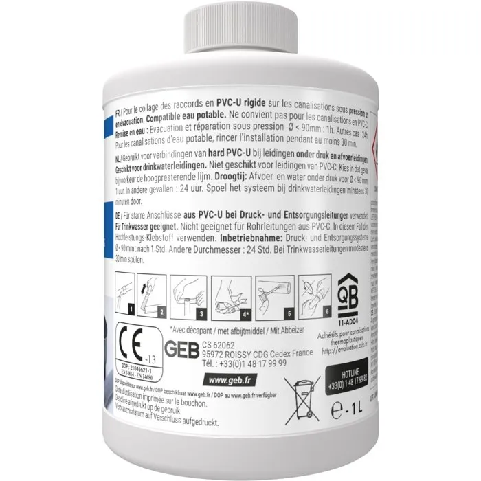 GEB Adhesivo GEB3283985046486 Gel Plus para PVC - 1 Litro para Aplicaciones de Presión y Drenaje en PVC Rígido