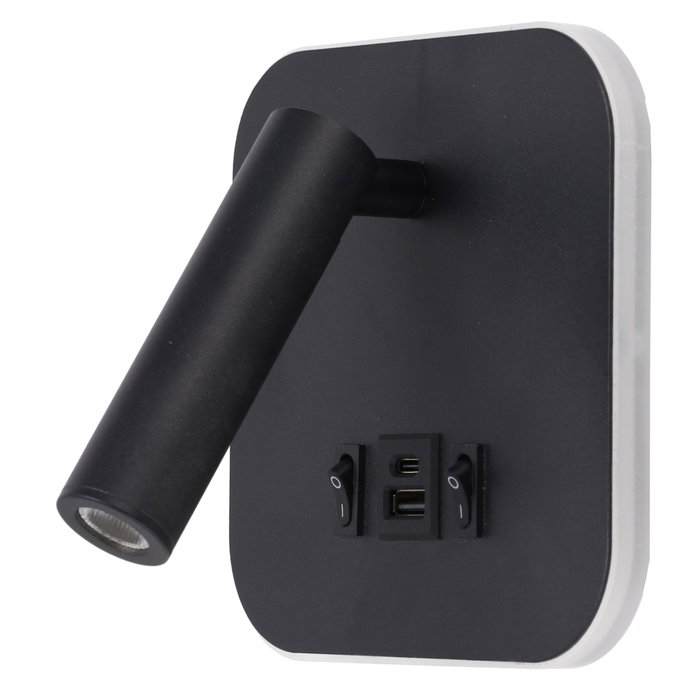 Aplique LED Spot Square 9W con USB-C 1000Lm 3000K Blanco Cálido Orientable Negro