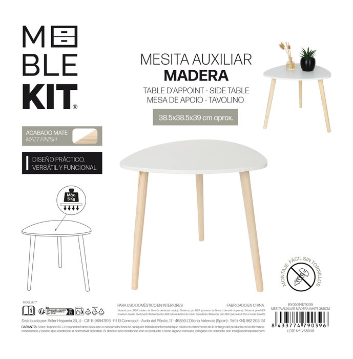 Inde Mesita Auxiliar de Madera White, 39.3 cm Alto x 39.7 cm Largo x 6 cm Ancho (6 Unidades)