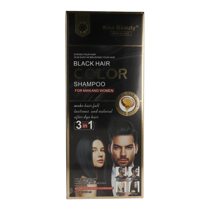 Kiss Beauty Champú Colorante 3en1 Negro 420ml con Aceite de Argán, Jengibre y Aloe Vera - Cubre Canas, Nutre e Hidrata