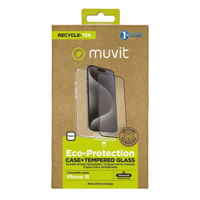 Muvit Funda Recycletek para Apple iPhone 16 con Protector de Pantalla y Kit de Limpieza Bio