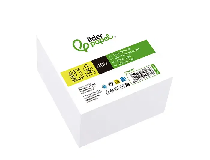 Liderpapel Taco de Papel Blanco Sin Encolar 400 Hojas, 95 x 90 x 40 mm, 80 g/m²