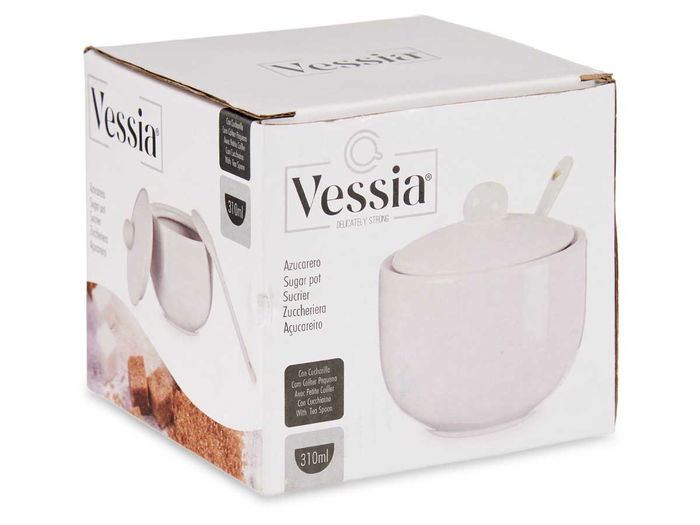 Vessia Azucarero Blanco con Cuchara 12x10x10cm Cerámica (Loza) para Cocina (Set de 24)