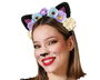 Diadema Orejas Felinas Negras y Flores Lila, Azul, Blanco, Crema - Accesorio para Disfraces, Anime y Fiestas Temáticas