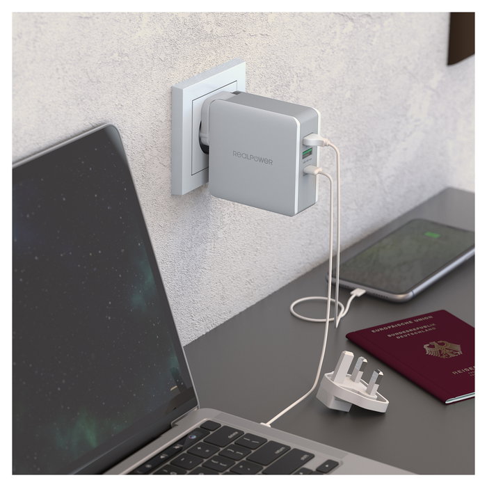 RealPower DeskCharge-65 Travel Cargador de Viaje 65W Universal con Puertos USB-C y USB-A, 20V, Color Gris