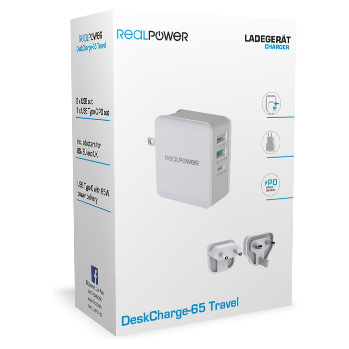 RealPower DeskCharge-65 Travel Cargador de Viaje 65W Universal con Puertos USB-C y USB-A, 20V, Color Gris