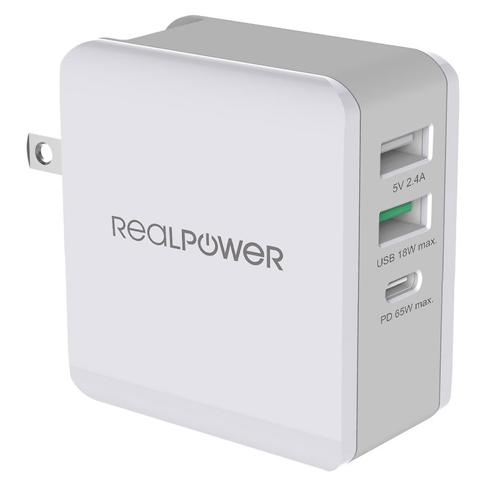 RealPower DeskCharge-65 Travel Cargador de Viaje 65W Universal con Puertos USB-C y USB-A, 20V, Color Gris
