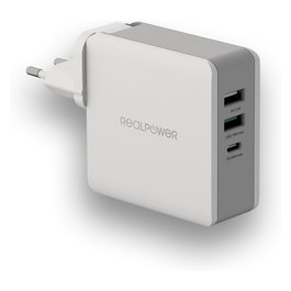 RealPower DeskCharge-65 Travel Cargador de Viaje 65W Universal con Puertos USB-C y USB-A, 20V, Color Gris