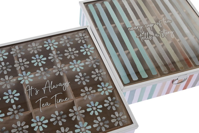 DKD Home Decor Caja para Infusiones Urban Azul Celeste Gris 24x24x7 cm MDF y Cristal Hecho a Mano