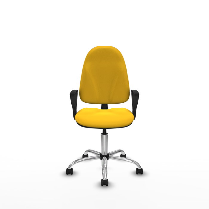 Silla de oficina Algarra con mecanismo Contacto permanente básico tapizada con Similpiel color Amarillo. Equipada con Base cromada, Brazos fijos y Ruedas autofrenantes