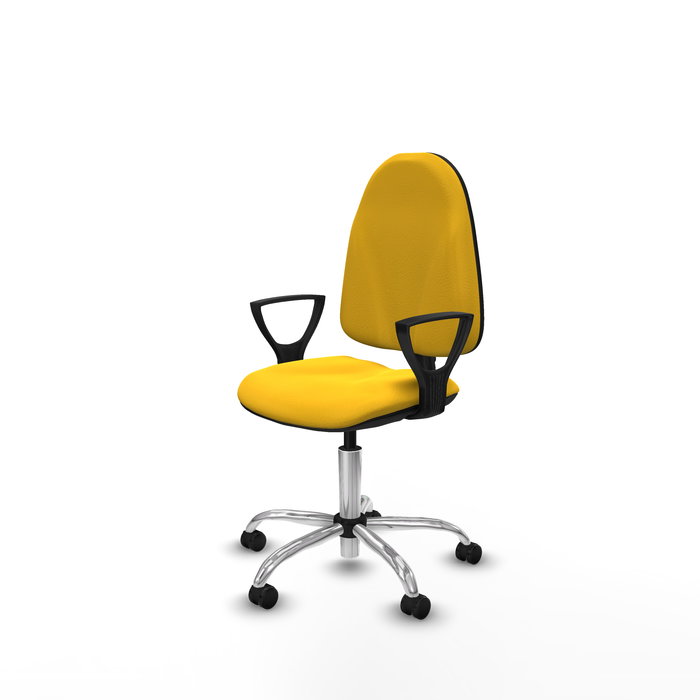 Silla de oficina Algarra con mecanismo Contacto permanente básico tapizada con Similpiel color Amarillo. Equipada con Base cromada, Brazos fijos y Ruedas autofrenantes