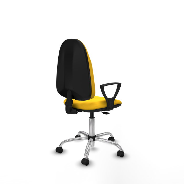 Silla de oficina Algarra con mecanismo Contacto permanente básico tapizada con Similpiel color Amarillo. Equipada con Base cromada, Brazos fijos y Ruedas autofrenantes
