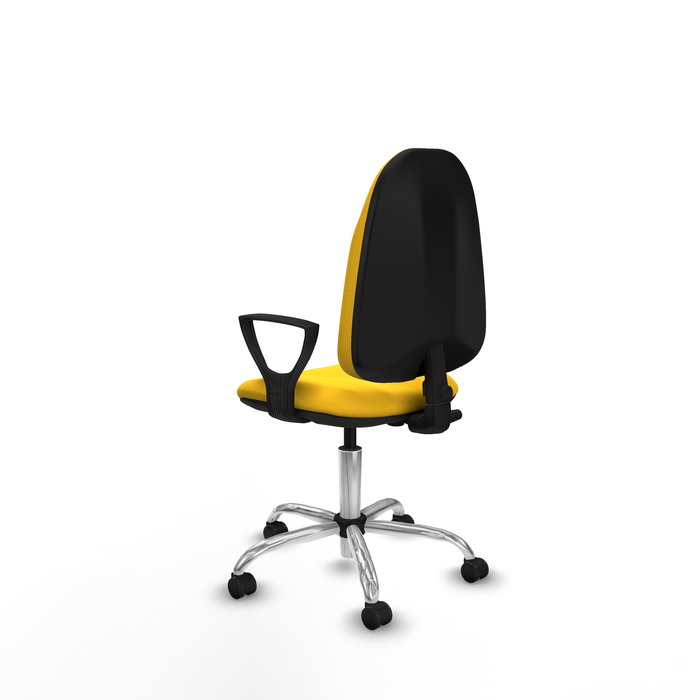 Silla de oficina Algarra con mecanismo Contacto permanente básico tapizada con Similpiel color Amarillo. Equipada con Base cromada, Brazos fijos y Ruedas autofrenantes