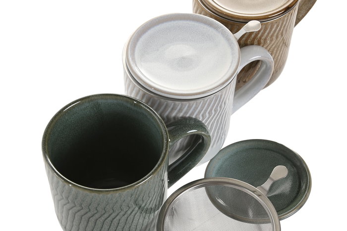 DKD Home Decor Jiahua 25 Mug Infusiones Moderno Gres Esmaltado Beige Verde Blanco Apto Microondas Lavavajillas 8.5 x 10.5 x 12 cm (6 Unidades)