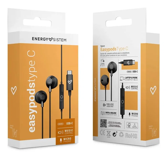 Energy Sistem EasyPods Auriculares In-Ear con Cable USB-C para Llamadas y Música, Controlador con Botones, Sonido HD, Micrófono, 1.2 m, Negro
