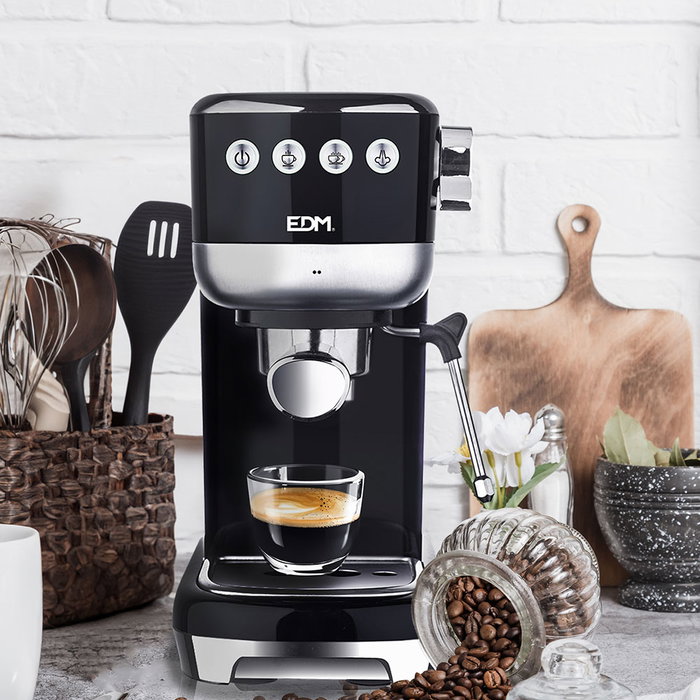 Edm Cafetera Espresso 20 Bares Depósito 1,3L Vaporizador Parada Automática Función Una y Dos Tazas Panel LED Acero Inoxidable Negro