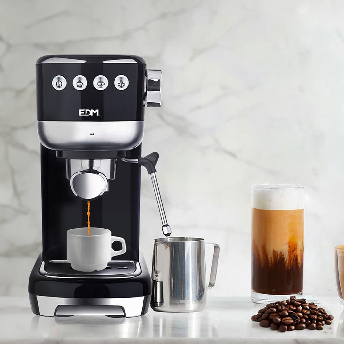 Edm Cafetera Espresso 20 Bares Depósito 1,3L Vaporizador Parada Automática Función Una y Dos Tazas Panel LED Acero Inoxidable Negro