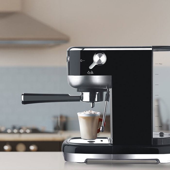 Edm Cafetera Espresso 20 Bares Depósito 1,3L Vaporizador Parada Automática Función Una y Dos Tazas Panel LED Acero Inoxidable Negro
