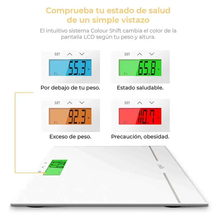 GKL Báscula de bebé digital FITRAINBOW Blanca, Color Shift, cálculo IMC, 180 kg, memoria 10 perfiles, pantalla LCD, cristal templado