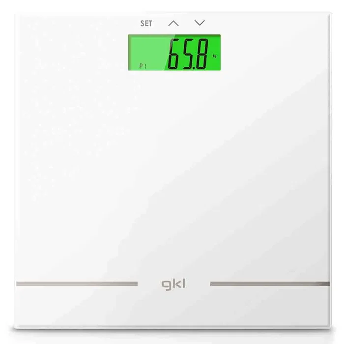 GKL Báscula de bebé digital FITRAINBOW Blanca, Color Shift, cálculo IMC, 180 kg, memoria 10 perfiles, pantalla LCD, cristal templado