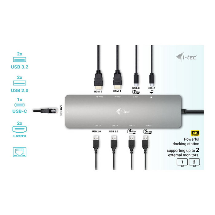 I-TEC Docking Station USB-C Metal Nano 2X HDMI con PD 100W, Gris, Soporte Dual Display 4K