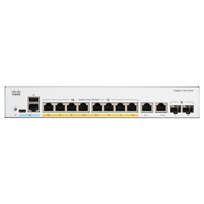 Cisco Switch Catalyst 1300 WS-C1300-8T-2G-E, Gestionado L2, 8 Puertos Gigabit Ethernet PoE+, Montaje en Rack, 2 Puertos SFP Combo