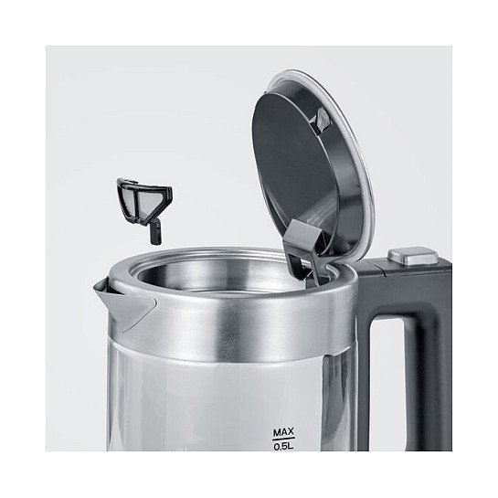 Severin WK 3472 Hervidor de Agua de Vidrio, 0.5 Litros, 1100 W, Acero Inoxidable y Cristal, Apagado Automático, Base Giratoria 360°, Color Plata