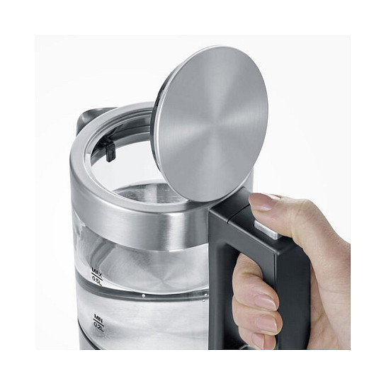 Severin WK 3472 Hervidor de Agua de Vidrio, 0.5 Litros, 1100 W, Acero Inoxidable y Cristal, Apagado Automático, Base Giratoria 360°, Color Plata